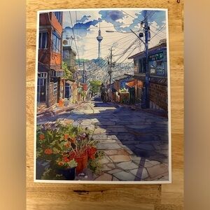 Seoul Cityscape Watercolor Print on 8x10 Card Stock